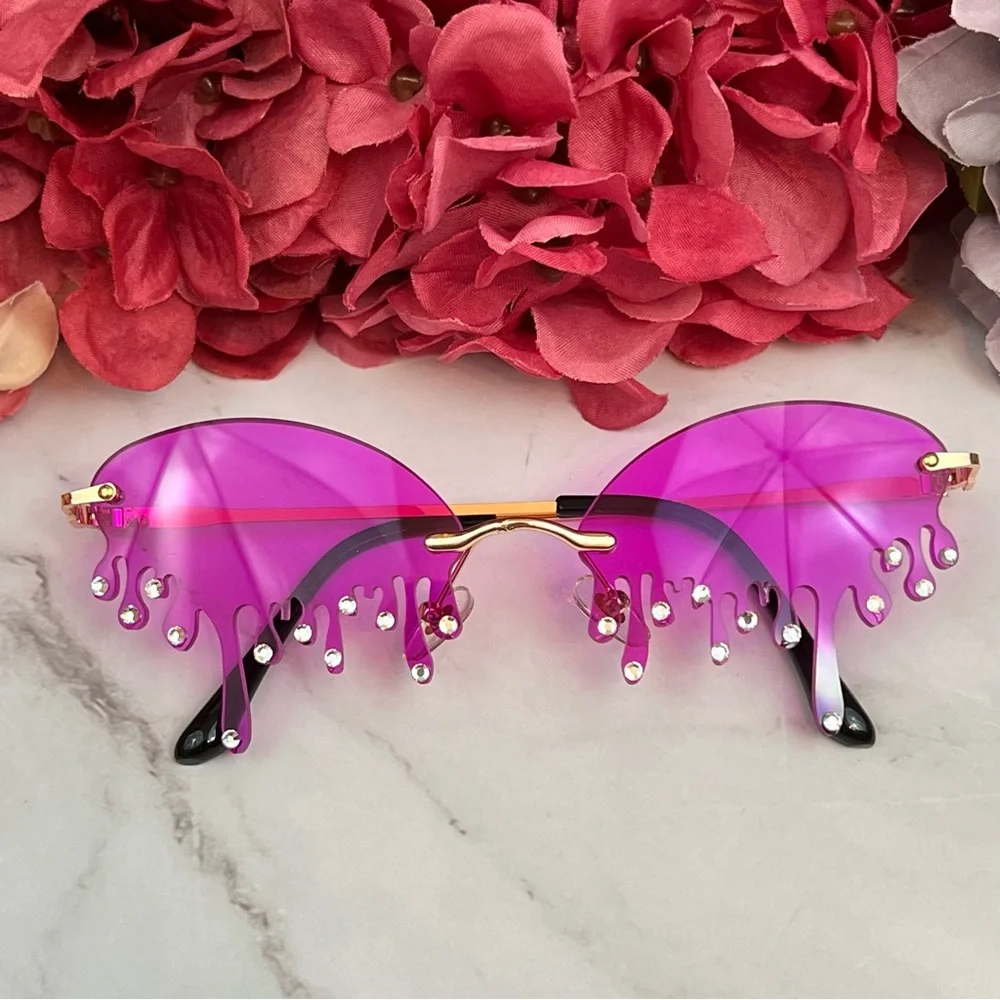 Steampunk Dripping Magenta Rimless Sunglasses with Crystals - Picture 7 of 16